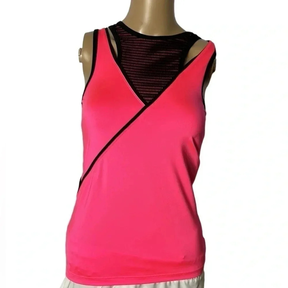 NWOT  XS TAIL Sleeveless, bright pink and black trim,crochet overlay Tank top